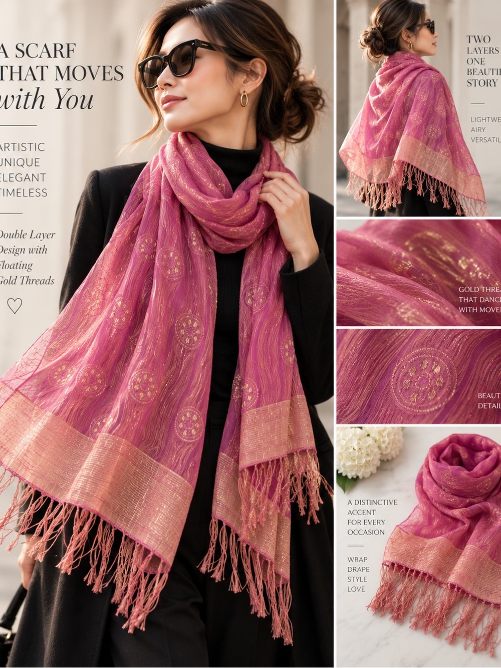 Unique Pink Double Layer Scarf Gold Thread Embroidered Fringe